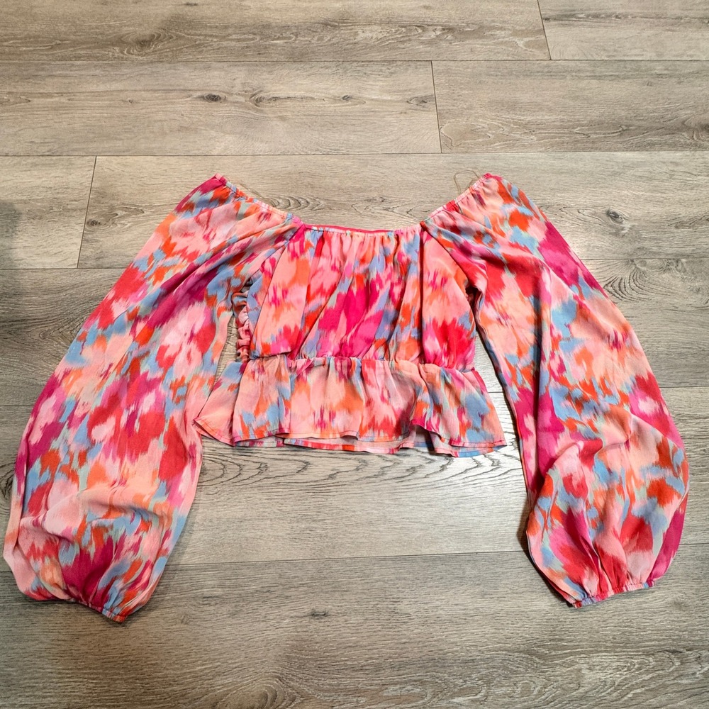 Pink Lily Blouse Off‎ Shoulder Balloon Sleeve Crop Top Print Medium M Pink - Picture 2 of 3